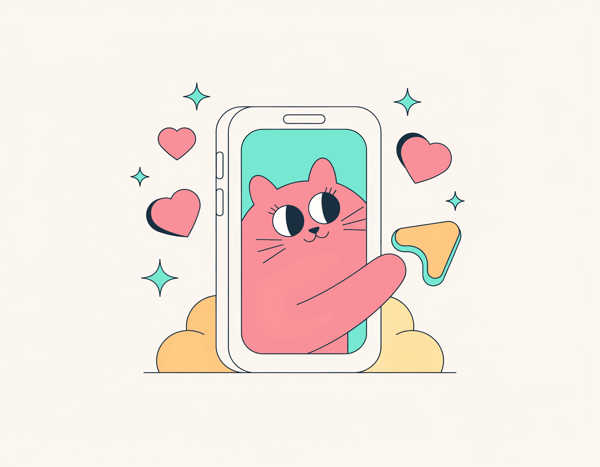 Illustrated 9:16 phone frame with a sage dog silhouette and a flat ember share arrow.